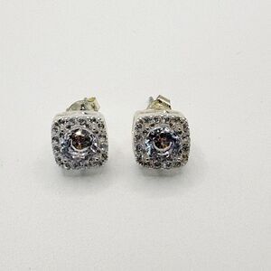 Crystal Square Studded Post Earrings Silver Tone